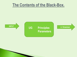 INPUT                     L1 Grammar
        UG   Principles
             Parameters
 