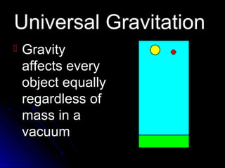Universal GravitationUniversal Gravitation
 GravityGravity
affects everyaffects every
object equallyobject equally
regardless ofregardless of
mass in amass in a
vacuumvacuum
 