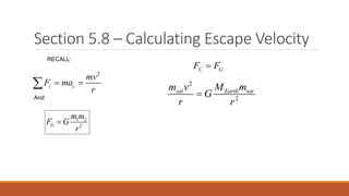 Section 5.8 – Calculating Escape Velocity
1 2
2G
m m
F G
r

2
c c
mv
F ma
r
 
C GF F
2
2
sat Earth satm v M m
G
r r

RECALL:
And
 