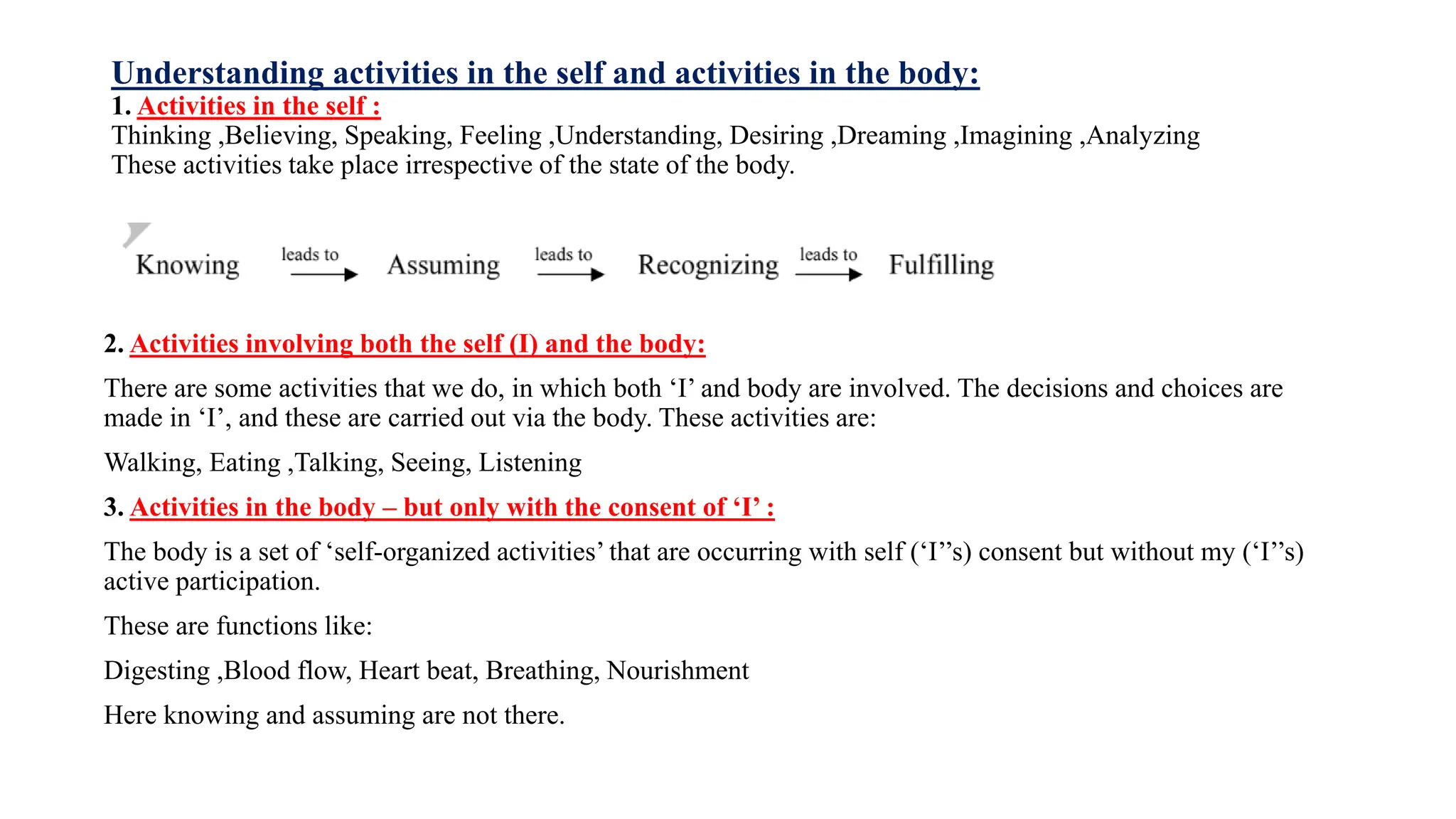 Understanding activities in the self and activities in the body:
1. Activities in the self :
Thinking ,Believing, Speaking, Feeling ,Understanding, Desiring ,Dreaming ,Imagining ,Analyzing
These activities take place irrespective of the state of the body.
2. Activities involving both the self (I) and the body:
There are some activities that we do, in which both ‘I’ and body are involved. The decisions and choices are
made in ‘I’, and these are carried out via the body. These activities are:
Walking, Eating ,Talking, Seeing, Listening
3. Activities in the body – but only with the consent of ‘I’ :
The body is a set of ‘self-organized activities’ that are occurring with self (‘I’’s) consent but without my (‘I’’s)
active participation.
These are functions like:
Digesting ,Blood flow, Heart beat, Breathing, Nourishment
Here knowing and assuming are not there.
 