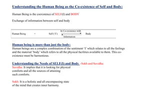 Understanding the Human Being as the Co-existence of Self and Body:
Human Being is the coexistence of SELF(I) and BODY
Exchange of information between self and body
Human being is more than just the body:
Human beings are a complex combination of the sentiment ‘I’ which relates to all the feelings
and the material ‘body’ which refers to all the physical facilities available to them. This co-
existence must be harmonious.
Understanding the Needs of SELF(I) and Body –Sukh and Suvidha:
Suvidha: It implies that it is looking for physical
comforts and all the sources of attaining
such comforts.
Sukh: It is a holistic and all encompassing state
of the mind that creates inner harmony.
 