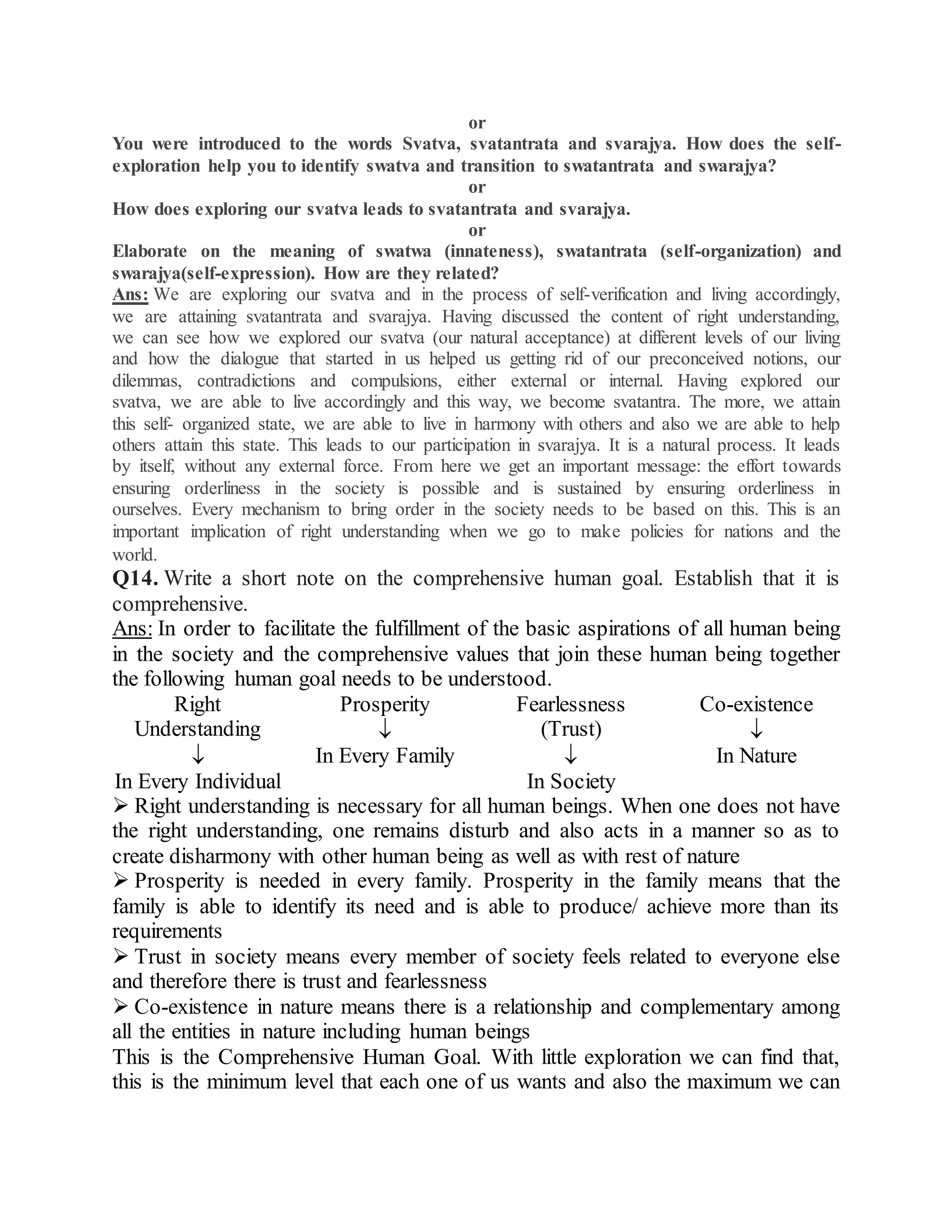 or
You were introduced to the words Svatva, svatantrata and svarajya. How does the self-
exploration help you to identify swatva and transition to swatantrata and swarajya?
or
How does exploring our svatva leads to svatantrata and svarajya.
or
Elaborate on the meaning of swatwa (innateness), swatantrata (self-organization) and
swarajya(self-expression). How are they related?
Ans: We are exploring our svatva and in the process of self-verification and living accordingly,
we are attaining svatantrata and svarajya. Having discussed the content of right understanding,
we can see how we explored our svatva (our natural acceptance) at different levels of our living
and how the dialogue that started in us helped us getting rid of our preconceived notions, our
dilemmas, contradictions and compulsions, either external or internal. Having explored our
svatva, we are able to live accordingly and this way, we become svatantra. The more, we attain
this self- organized state, we are able to live in harmony with others and also we are able to help
others attain this state. This leads to our participation in svarajya. It is a natural process. It leads
by itself, without any external force. From here we get an important message: the effort towards
ensuring orderliness in the society is possible and is sustained by ensuring orderliness in
ourselves. Every mechanism to bring order in the society needs to be based on this. This is an
important implication of right understanding when we go to make policies for nations and the
world.
Q14. Write a short note on the comprehensive human goal. Establish that it is
comprehensive.
Ans: In order to facilitate the fulfillment of the basic aspirations of all human being
in the society and the comprehensive values that join these human being together
the following human goal needs to be understood.
Right
Understanding

In Every Individual
Prosperity

In Every Family
Fearlessness
(Trust)

In Society
Co-existence

In Nature
 Right understanding is necessary for all human beings. When one does not have
the right understanding, one remains disturb and also acts in a manner so as to
create disharmony with other human being as well as with rest of nature
 Prosperity is needed in every family. Prosperity in the family means that the
family is able to identify its need and is able to produce/ achieve more than its
requirements
 Trust in society means every member of society feels related to everyone else
and therefore there is trust and fearlessness
 Co-existence in nature means there is a relationship and complementary among
all the entities in nature including human beings
This is the Comprehensive Human Goal. With little exploration we can find that,
this is the minimum level that each one of us wants and also the maximum we can
 
