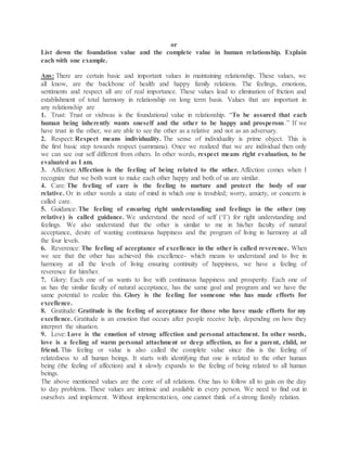 or
List down the foundation value and the complete value in human relationship. Explain
each with one example.
Ans: There are certain basic and important values in maintaining relationship. These values, we
all know, are the backbone of health and happy family relations. The feelings, emotions,
sentiments and respect all are of real importance. These values lead to elimination of friction and
establishment of total harmony in relationship on long term basis. Values that are important in
any relationship are
1. Trust: Trust or vishwas is the foundational value in relationship. “To be assured that each
human being inherently wants oneself and the other to be happy and prosperous.” If we
have trust in the other, we are able to see the other as a relative and not as an adversary.
2. Respect: Respect means individuality. The sense of individuality is prime object. This is
the first basic step towards respect (sammana). Once we realized that we are individual then only
we can see our self different from others. In other words, respect means right evaluation, to be
evaluated as I am.
3. Affection: Affection is the feeling of being related to the other. Affection comes when I
recognize that we both want to make each other happy and both of us are similar.
4. Care: The feeling of care is the feeling to nurture and protect the body of our
relative. Or in other words a state of mind in which one is troubled; worry, anxiety, or concern is
called care.
5. Guidance: The feeling of ensuring right understanding and feelings in the other (my
relative) is called guidance. We understand the need of self (‘I’) for right understanding and
feelings. We also understand that the other is similar to me in his/her faculty of natural
acceptance, desire of wanting continuous happiness and the program of living in harmony at all
the four levels.
6. Reverence: The feeling of acceptance of excellence in the other is called reverence. When
we see that the other has achieved this excellence- which means to understand and to live in
harmony at all the levels of living ensuring continuity of happiness, we have a feeling of
reverence for him/her.
7. Glory: Each one of us wants to live with continuous happiness and prosperity. Each one of
us has the similar faculty of natural acceptance, has the same goal and program and we have the
same potential to realize this. Glory is the feeling for someone who has made efforts for
excellence.
8. Gratitude: Gratitude is the feeling of acceptance for those who have made efforts for my
excellence. Gratitude is an emotion that occurs after people receive help, depending on how they
interpret the situation.
9. Love: Love is the emotion of strong affection and personal attachment. In other words,
love is a feeling of warm personal attachment or deep affection, as for a parent, child, or
friend. This feeling or value is also called the complete value since this is the feeling of
relatedness to all human beings. It starts with identifying that one is related to the other human
being (the feeling of affection) and it slowly expands to the feeling of being related to all human
beings.
The above mentioned values are the core of all relations. One has to follow all to gain on the day
to day problems. These values are intrinsic and available in every person. We need to find out in
ourselves and implement. Without implementation, one cannot think of a strong family relation.
 