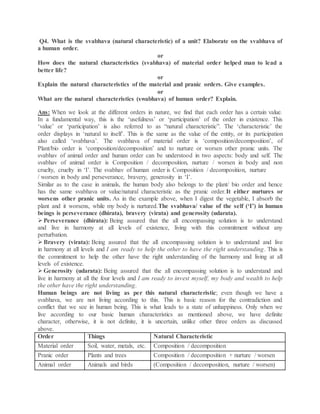 Q4. What is the svabhava (natural characteristic) of a unit? Elaborate on the svabhava of
a human order.
or
How does the natural characteristics (svabhava) of material order helped man to lead a
better life?
or
Explain the natural characteristics of the material and pranic orders. Give examples.
or
What are the natural characteristics (swabhava) of human order? Explain.
Ans: When we look at the different orders in nature, we find that each order has a certain value.
In a fundamental way, this is the ‘usefulness’ or ‘participation’ of the order in existence. This
‘value’ or ‘participation’ is also referred to as “natural characteristic”. The ‘characteristic’ the
order displays in ‘natural to itself’. This is the same as the value of the entity, or its participation
also called ‘svabhava’. The svabhava of material order is ‘composition/decomposition’, of
Plant/bio order is ‘composition/decomposition’ and to nurture or worsen other pranic units. The
svabhav of animal order and human order can be understood in two aspects: body and self. The
svabhav of animal order is Composition / decomposition, nurture / worsen in body and non
cruelty, cruelty in ‘I’. The svabhav of human order is Composition / decomposition, nurture
/ worsen in body and perseverance, bravery, generosity in ‘I’.
Similar as to the case in animals, the human body also belongs to the plant/ bio order and hence
has the same svabhava or value/natural characteristic as the pranic order.It either nurtures or
worsens other pranic units. As in the example above, when I digest the vegetable, I absorb the
plant and it worsens, while my body is nurtured.The svabhava/ value of the self (‘I’) in human
beings is perseverance (dhirata), bravery (virata) and generosity (udarata).
Perseverance (dhirata): Being assured that the all encompassing solution is to understand
and live in harmony at all levels of existence, living with this commitment without any
perturbation.
Bravery (virata): Being assured that the all encompassing solution is to understand and live
in harmony at all levels and I am ready to help the other to have the right understanding. This is
the commitment to help the other have the right understanding of the harmony and living at all
levels of existence.
Generosity (udarata): Being assured that the all encompassing solution is to understand and
live in harmony at all the four levels and I am ready to invest myself, my body and wealth to help
the other have the right understanding.
Human beings are not living as per this natural characteristic; even though we have a
svabhava, we are not living according to this. This is basic reason for the contradiction and
conflict that we see in human being. This is what leads to a state of unhappiness. Only when we
live according to our basic human characteristics as mentioned above, we have definite
character, otherwise, it is not definite, it is uncertain, unlike other three orders as discussed
above.
Order Things Natural Characteristic
Material order Soil, water, metals, etc. Composition / decomposition
Pranic order Plants and trees Composition / decomposition + nurture / worsen
Animal order Animals and birds (Composition / decomposition, nurture / worsen)
 