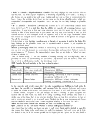 • Body In Animals – Physicochemical Activities The body displays the same activities that we
see the plant. The body displays respiration, or breathing, or pulsating, as we call it. The body is
also formed at one point in time and keeps building cells as well, i.e. there is composition in the
body. Hence, the activities in the body are the same as that in the plant/bio order, which are:
composition/ decomposition and respiration. Hence, we say that the body belongs to plant/bio
order.
• ‘I’ In Animals – Conscious Activities The activities in ‘I’ are fundamentally different from
those in the body. ‘I’ is a unit that has the ability or capacity of assuming. Animals make
assumptions. If you have a dog and some strangers come into the house, the dog may start
barking at him. If this person stays at your house, the dog may stops barking at him, but will
continue to bark at other strangers. What has happened here is that the dog’s ‘assumption’ about
this person has changed, due to which; the way in which it responds to the person has changed.
We call this assuming.
It is important to note that this consciousness or faculty of assuming is not in the body. The
body belongs to the plant/bio order, and is physicochemical in nature. It just responds to
physicochemical inputs.
Human (knowledge) order: The activities in human body are similar to that in the animal body,
and we have seen this in detail as: composition/ decomposition and respiration. When it comes to
consciousness or ‘I’, however, the human displays more than just an ability to ‘select’ or make
choices as animals do.
Thus, in human beings, ‘I’ has the activities of desiring, thinking, and selecting/tasting, with a
possibility or need for understanding and realization. Only humans have this need to know and
that is why it is called gyana avastha – the knowledge order.
Q12. Explain the basic activity in the four orders in nature.
Ans:
Order Things Basic Activity
Material order Soil, water, metals, etc. . Recognizing, fulfillment
Pranic order Plants and trees Recognizing, fulfillment
Animal order Animals and birds (Recognizing, fulfillment) in body + (assuming,
recognizing, fulfillment) in ‘I’
Human order Human beings Recognizing, fulfillment in body + (knowing,
assuming, recognizing, fulfillment) in ‘I’
In the material and pranic order, there is only recognizing and fulfillment. Such units do
not have the activities of assuming and knowing. Take for example, hydrogen and oxygen
recognize the relation to each other, and combine to form water. A brick and the other brick have
a definite relation, recognize it and get arranged to form a building. A plant recognizes the
relation with sun and water, and fulfils it by acting accordingly. Such activities take place in a
similar way all the time, there is no selection involved here. A plant does not choose to turn or
not to turn to sun, absorb or not to absorb water. Similarly, the fan in your room does not choose
to rotate clockwise or anti-clockwise. It turns as per the winding in the motor. No choice.
When we look at the animals and humans, we find selection taking place.
Q13. Comment on the statement: “Nature is limited and space is unlimited.”
Ans: Nature has four orders and there are units in each order. Each unit is limited in size. The
size ranges from being really small (atom) to really big (galaxies). Each and every unit is finite
and limited in size, be it the smallest particle or the biggest galaxies. Space, on the other hand is
 
