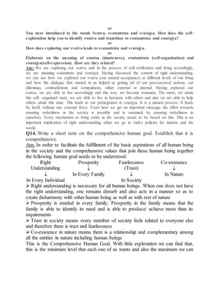 or
You were introduced to the words Svatva, svatantrata and svarajya. How does the self-
exploration help you to identify swatva and transition to swatantrata and swarajya?
or
How does exploring our svatva leads to svatantrata and svarajya.
or
Elaborate on the meaning of swatwa (innateness), swatantrata (self-organization) and
swarajya(self-expression). How are they related?
Ans: We are exploring our svatva and in the process of self-verification and living accordingly,
we are attaining svatantrata and svarajya. Having discussed the content of right understanding,
we can see how we explored our svatva (our natural acceptance) at different levels of our living
and how the dialogue that started in us helped us getting rid of our preconceived notions, our
dilemmas, contradictions and compulsions, either external or internal. Having explored our
svatva, we are able to live accordingly and this way, we become svatantra. The more, we attain
this self- organized state, we are able to live in harmony with others and also we are able to help
others attain this state. This leads to our participation in svarajya. It is a natural process. It leads
by itself, without any external force. From here we get an important message: the effort towards
ensuring orderliness in the society is possible and is sustained by ensuring orderliness in
ourselves. Every mechanism to bring order in the society needs to be based on this. This is an
important implication of right understanding when we go to make policies for nations and the
world.
Q14. Write a short note on the comprehensive human goal. Establish that it is
comprehensive.
Ans: In order to facilitate the fulfillment of the basic aspirations of all human being
in the society and the comprehensive values that join these human being together
the following human goal needs to be understood.
Right
Understanding

In Every Individual
Prosperity

In Every Family
Fearlessness
(Trust)

In Society
Co-existence

In Nature
 Right understanding is necessary for all human beings. When one does not have
the right understanding, one remains disturb and also acts in a manner so as to
create disharmony with other human being as well as with rest of nature
 Prosperity is needed in every family. Prosperity in the family means that the
family is able to identify its need and is able to produce/ achieve more than its
requirements
 Trust in society means every member of society feels related to everyone else
and therefore there is trust and fearlessness
 Co-existence in nature means there is a relationship and complementary among
all the entities in nature including human beings
This is the Comprehensive Human Goal. With little exploration we can find that,
this is the minimum level that each one of us wants and also the maximum we can
 