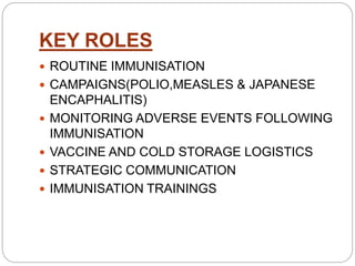 KEY ROLES
 ROUTINE IMMUNISATION
 CAMPAIGNS(POLIO,MEASLES & JAPANESE
ENCAPHALITIS)
 MONITORING ADVERSE EVENTS FOLLOWING
IMMUNISATION
 VACCINE AND COLD STORAGE LOGISTICS
 STRATEGIC COMMUNICATION
 IMMUNISATION TRAININGS
 