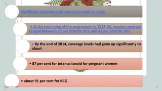 Significant achievements have been made in India.
• At the beginning of the programme in 1985-86, vaccine coverage
ranged between 29 per cent for BCG and 41 per cent for DPT.
• By the end of 2014, coverage levels had gone up significantly to
about
• 87 per cent for tetanus toxoid for pregnant women
• about 91 per cent for BCG
Presentation title 11
 