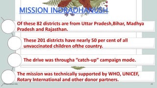 MISSION INDRADHANUSH
Of these 82 districts are from Uttar Pradesh,Bihar, Madhya
Pradesh and Rajasthan.
These 201 districts have nearly 50 per cent of all
unvaccinated children ofthe country.
The drive was througha “catch-up” campaign mode.
The mission was technically supported by WHO, UNICEF,
Rotary International and other donor partners.
Presentation title 23
 