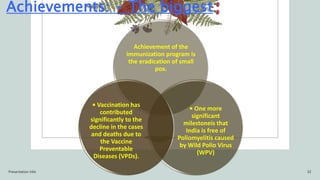 Achievements: • The biggest
Achievement of the
immunization program is
the eradication of small
pox.
• One more
significant
milestoneis that
India is free of
Poliomyelitis caused
by Wild Polio Virus
(WPV)
• Vaccination has
contributed
significantly to the
decline in the cases
and deaths due to
the Vaccine
Preventable
Diseases (VPDs).
Presentation title 32
 