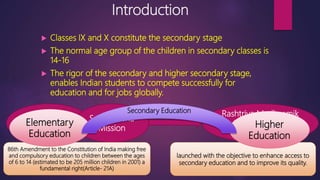 Introduction
 Classes IX and X constitute the secondary stage
 The normal age group of the children in secondary classes is
14-16
 The rigor of the secondary and higher secondary stage,
enables Indian students to compete successfully for
education and for jobs globally.
Sarva Siksha
Abhiyan (2001)
Rashtriya Madhyamik
Siksha Abhiyan
2009-10
Sarva Siksha
Mission
86th Amendment to the Constitution of India making free
and compulsory education to children between the ages
of 6 to 14 (estimated to be 205 million children in 2001) a
fundamental right(Article- 21A)
launched with the objective to enhance access to
secondary education and to improve its quality.
Elementary
Education
Higher
Education
Secondary Education
 