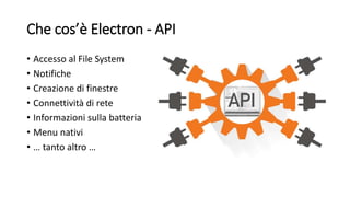 Che cos’è Electron - API
• Accesso al File System
• Notifiche
• Creazione di finestre
• Connettività di rete
• Informazioni sulla batteria
• Menu nativi
• … tanto altro …
 