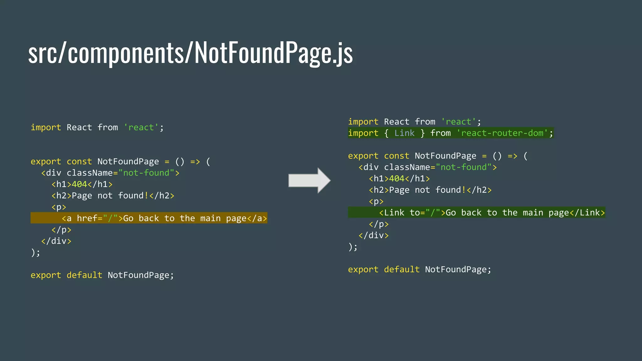 src/components/NotFoundPage.js import React from 'react'; export const NotFoundPage = () => ( <div className="not-found"> <h1>404</h1> <h2>Page not found!</h2> <p> <a href="/">Go back to the main page</a> </p> </div> ); export default NotFoundPage; import React from 'react'; import { Link } from 'react-router-dom'; export const NotFoundPage = () => ( <div className="not-found"> <h1>404</h1> <h2>Page not found!</h2> <p> <Link to="/">Go back to the main page</Link> </p> </div> ); export default NotFoundPage; 