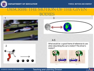 DEPARTMENT OF EDUCATION
SCIENCE CROSS-SPECIALIZATION
FORCE, MOTION AND ENERGY
Teaching and Learning Division
DESCRIBE THE MOTION OF THE GIVEN
BODIES
What would be a good frame of reference to use
when describing the car’s motion? The driver’s
motion?
1 3
2
4-5
 