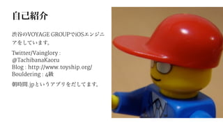自己紹介
渋谷のVOYAGE GROUPでiOSエンジニ
アをしています。
Twitter/Vainglory :
@TachibanaKaoru
Blog : http://www.toyship.org/
Bouldering : 4級
朝時間.jpというアプリをだしてます。
 