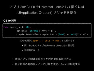 func open(_ url: URL,
options: [String : Any] = [:],
completionHandler completion: ((Bool) -> Void)? = nil)
ץڤURLUniversal LinksȤ_ˤ
UIApplication  open() ᥽åɤʹ
? ⲿץ_ɤνYȡäǤ
? ԷΌɥᥤURLɤSafariӤ
iOS 10Խ
iOS 9ǰ open(_ : URL) -> Bool ȱ^
? _URLΥפUniversal LinksΤߤ޶
? ͬڤˤʤä
 