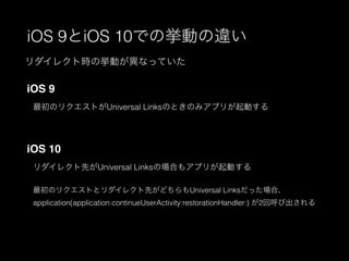 iOS 9iOS 10ǤΒӤ`
iOS 9
ΥꥯȤUniversal LinksΤȤΤߥץ꤬Ӥ
iOS 10
쥯ȤUniversal LinksΈϤ⥢ץ꤬Ӥ
ΥꥯȤȥ쥯ȤɤUniversal Linksäϡ
application(application:continueUserActivity:restorationHandler:) 2غӳ
쥯ȕrΒӤʤäƤ
 
