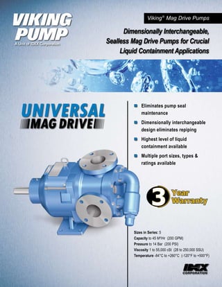Viking ® Mag Drive Pumps

      Dimensionally Interchangeable,
Sealless Mag Drive Pumps for Crucial
     Liquid Containment Applications




         ■ Eliminates pump seal
           maintenance
         ■ Dimensionally interchangeable
           design eliminates repiping
         ■ Highest level of liquid
           containment available
         ■ Multiple port sizes, types &
           ratings available




         Sizes in Series: 5
         Capacity to 45 M³/Hr (200 GPM)
         Pressure to 14 Bar (200 PSI)
         Viscosity 1 to 55,000 cSt (28 to 250,000 SSU)
         Temperature -84°C to +260°C (-120°F to +500°F)
 