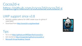 http://cocos2d-x.org/download
https://github.com/MSOpenTech/cocos2d-x
http://msopentech.github.io/cocos2d-x/
Microsoft Virtual Academy Tutorial
https://github.com/cocos2d/cocos2d-x
 