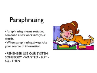 Paraphrasing
•Paraphrasing means restating
someone else’s work into your
words.
•When paraphrasing, always cite
your source of information.

•REMEMBER USE OUR SYSTEM:
SOMEBODY - WANTED - BUT -
SO - THEN
 