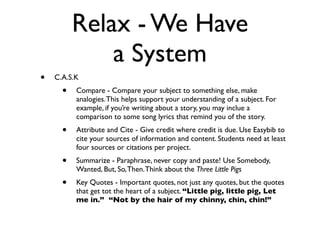 Relax - We Have
              a System
•   C.A.S.K
      •   Compare - Compare your subject to something else, make
          analogies. This helps support your understanding of a subject. For
          example, if you’re writing about a story, you may inclue a
          comparison to some song lyrics that remind you of the story.
      •   Attribute and Cite - Give credit where credit is due. Use Easybib to
          cite your sources of information and content. Students need at least
          four sources or citations per project.
      •   Summarize - Paraphrase, never copy and paste! Use Somebody,
          Wanted, But, So, Then. Think about the Three Little Pigs
      •   Key Quotes - Important quotes, not just any quotes, but the quotes
          that get tot the heart of a subject. “Little pig, little pig, Let
          me in.” “Not by the hair of my chinny, chin, chin!”
 
