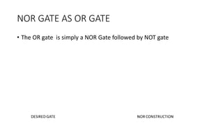 NOR GATE AS OR GATE
• The OR gate is simply a NOR Gate followed by NOT gate
 