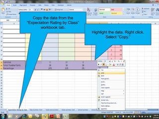 Copy the data from the
“Expectation Rating by Class”
workbook tab.
Highlight the data. Right click.
Select “Copy.”
 