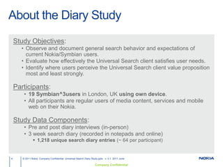 About the Diary StudyStudy Objectives:Observe and document general search behavior and expectations of current Nokia/Symbian users.