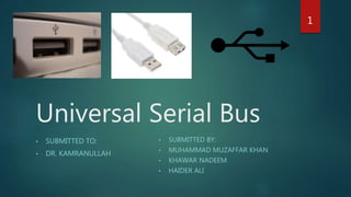 Universal Serial Bus
• SUBMITTED TO:
• DR. KAMRANULLAH
• SUBMITTED BY:
• MUHAMMAD MUZAFFAR KHAN
• KHAWAR NADEEM
• HAIDER ALI
1
 