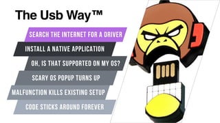 The Usb Way™
OH, IS THAT SUPPORTED ON MY OS?
INSTALL A NATIVE APPLICATION
SEARCH THE INTERNET FOR A DRIVER
SCARY OS POPUP TURNS UP
CODE STICKS AROUND FOREVER
MALFUNCTION KILLS EXISTING SETUP
 