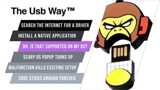 The Usb Way™
OH, IS THAT SUPPORTED ON MY OS?
INSTALL A NATIVE APPLICATION
SEARCH THE INTERNET FOR A DRIVER
SCARY OS POPUP TURNS UP
CODE STICKS AROUND FOREVER
MALFUNCTION KILLS EXISTING SETUP
 