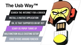 The Usb Way™
OH, IS THAT SUPPORTED ON MY OS?
INSTALL A NATIVE APPLICATION
SEARCH THE INTERNET FOR A DRIVER
SCARY OS POPUP TURNS UP
CODE STICKS AROUND FOREVER
MALFUNCTION KILLS EXISTING SETUP
 