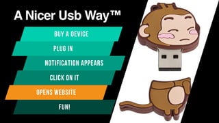 A Nicer Usb Way™
NOTIFICATION APPEARS
PLUG IN
BUY A DEVICE
CLICK ON IT
FUN!
OPENS WEBSITE
 