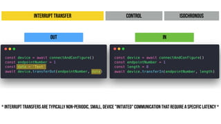 ControlInterrupt Transfer Isochronous
Out In
* Interrupt transfers are typically non-periodic, small, device "initiated" communication That requirE A SpecIFIC latency *
 