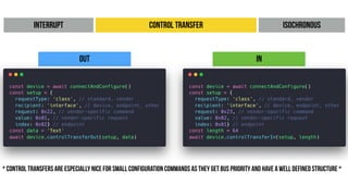 Interrupt Control Transfer Isochronous
Out In
* Control transfers are especially nice for small configuration commands as they get bus priority and have a well defined structure *
 