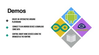 Demos
Connect To An Android Device & Download
Some Data
Create An Interactive Arduino
Playground
Control Smart Home Devices Using The
Browser As The Runtime
 