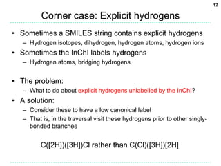 12

          Corner case: Explicit hydrogens
• Sometimes a SMILES string contains explicit hydrogens
   – Hydrogen isotopes, dihydrogen, hydrogen atoms, hydrogen ions
• Sometimes the InChI labels hydrogens
   – Hydrogen atoms, bridging hydrogens


• The problem:
   – What to do about explicit hydrogens unlabelled by the InChI?
• A solution:
   – Consider these to have a low canonical label
   – That is, in the traversal visit these hydrogens prior to other singly-
     bonded branches


         C([2H])([3H])Cl rather than C(Cl)([3H])[2H]
 