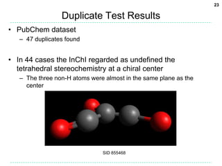 23

                 Duplicate Test Results
• PubChem dataset
   – 47 duplicates found


• In 44 cases the InChI regarded as undefined the
  tetrahedral stereochemistry at a chiral center
   – The three non-H atoms were almost in the same plane as the
     center




                               SID 855468
 