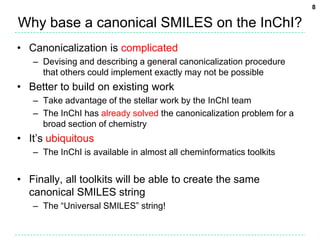 8

Why base a canonical SMILES on the InChI?
• Canonicalization is complicated
   – Devising and describing a general canonicalization procedure
     that others could implement exactly may not be possible
• Better to build on existing work
   – Take advantage of the stellar work by the InChI team
   – The InChI has already solved the canonicalization problem for a
     broad section of chemistry
• It’s ubiquitous
   – The InChI is available in almost all cheminformatics toolkits


• Finally, all toolkits will be able to create the same
  canonical SMILES string
   – The “Universal SMILES” string!
 