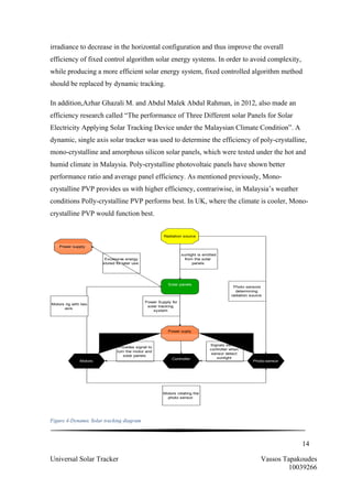14
Universal Solar Tracker Vassos Tapakoudes
10039266
irradiance to decrease in the horizontal configuration and thus improve the overall
efficiency of fixed control algorithm solar energy systems. In order to avoid complexity,
while producing a more efficient solar energy system, fixed controlled algorithm method
should be replaced by dynamic tracking.
In addition,Azhar Ghazali M. and Abdul Malek Abdul Rahman, in 2012, also made an
efficiency research called “The performance of Three Different solar Panels for Solar
Electricity Applying Solar Tracking Device under the Malaysian Climate Condition”. A
dynamic, single axis solar tracker was used to determine the efficiency of poly-crystalline,
mono-crystalline and amorphous silicon solar panels, which were tested under the hot and
humid climate in Malaysia. Poly-crystalline photovoltaic panels have shown better
performance ratio and average panel efficiency. As mentioned previously, Mono-
crystalline PVP provides us with higher efficiency, contrariwise, in Malaysia’s weather
conditions Polly-crystalline PVP performs best. In UK, where the climate is cooler, Mono-
crystalline PVP would function best.
Figure 4-Dynamic Solar tracking diagram
Solar panels
Motors Photo-sensor
Controller
Radiation source
sunlight is emitted
from the solar
panels
Photo sensors
determining
radiation source
Motors rig with two
axis
Motors rotating the
photo sensor
Provides signal to
turn the motor and
solar panels
Signals sent to
controller when
sensor detect
sunlight
Power supply
Power suply
Excessive energy
stored for later use
Power Supply for
solar tracking
system
 