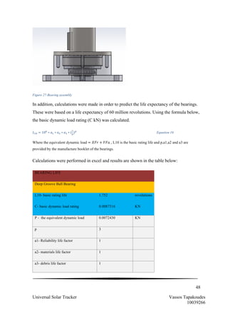 48
Universal Solar Tracker Vassos Tapakoudes
10039266
Figure 27-Bearing assembly
In addition, calculations were made in order to predict the life expectancy of the bearings.
These were based on a life expectancy of 60 million revolutions. Using the formula below,
the basic dynamic load rating (C kN) was calculated.
𝐿!" = 10!
∗ 𝑎! ∗ 𝑎! ∗ 𝑎! ∗ (
!
!
)!
Equation 16
Where the equivalent dynamic load = 𝑋𝐹𝑟 + 𝑌𝐹𝑎 , L10 is the basic rating life and p,a1,a2 and a3 are
provided by the manufacture booklet of the bearings.
Calculations were performed in excel and results are shown in the table below:
BEARING LIFE
Deep Groove Ball Bearing
L10- basic rating life 1.752 revolutions
C- basic dynamic load rating 0.0087316 KN
P - the equivalent dynamic load 0.0072430 KN
p 3
a1- Reliability life factor 1
a2- materials life factor 1
a3- debris life factor 1
 