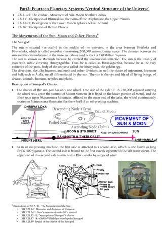 Part2: Fourteen Planetary Systems ‘Vertical Structure of the Universe’
 Ch 21-22: The Zodiac - Movement of Sun, Moon & other Grahas
 Ch 23: Description of Dhruvaloka, the Form of the Dolphin and the Upper Planets
 Ch 24-25: Description of the Lower Planets (places below the Sun)
 Ch 26: Description of Hellish Planets
The Movements of the Sun, Moon and Other Planets8
The Sun god:
The sun is situated (vertically) in the middle of the universe, in the area between Bhürloka and
Bhuvarloka, which is called antarikña (measuring 200,000 yojanas), outer space. The distance between the
sun and the circumference of the universe (above and below) is 250 Million Yojanas
The sun is known as Märtaëòa because he entered the unconscious universe. The sun is the totality of
jévas with subtle covering Hiraëyagarbha. Thus he is called as Hiraëyagarbha, because he is the very
existence of the gross body of the universe called the hiraëyäëòa, the golden egg.
The directions, sky, the heavens, and earth and other divisions, as well the places of enjoyment, liberaton
and hell, such as Atala, are all differentiated by the sun. The sun is the eye and life of all living beings, of
devatäs, animals, humans, reptiles and plants.
Description of Sun-god’s Chariot:
 The chariot of the sun-god has only one wheel. One side of the axle (L: 15,750,000 yojanas) carrying
the wheel rests upon the summit of Mount Sumeru (It is fixed on the lower portion of Meru), and the
other rests upon Mänasottara Mountain. Affixed to the outer end of the axle, the wheel continuously
rotates on Mänasottara Mountain like the wheel of an oil-pressing machine.
 As in an oil-pressing machine, the first axle is attached to a second axle, which is one fourth as long
(3,937,500 yojanas). The second axle is bound to the first exactly opposite to the salt water ocean. The
upper end of this second axle is attached to Dhruvaloka by a rope of wind.
8
Break down of SB 5. 21. The Movements of the Sun
• SB 5.21.1-2: Diameter and divisions of Universe
• SB 5.21.3-11: Sun’s movement under SL’s control
• SB 5.21.12-16: Description of Sun-god’s chariot
• SB 5.21.17-18: 60,000 Välikhilyas worship the Sun-god
• SB 5.21.19: Speed of the chariot of the Sun-god
 