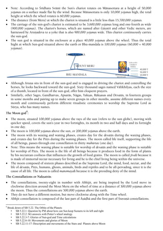  Note: According to Çrédhara Svämé the Sun’s chariot rotates on Mänasottara at a height of 50,000
yojanas on a surface made flat by the wind. Because Mänasottara is only 10,000 yojanas high, the total
height at which the wheel rotates is 60,000 yojanas.
 The distance (from Meru) at which the chariot is situated is a little less than 15,700,000 yojanas.
 The carriage of the sun-god's chariot is estimated to be 3,600,000 yojanas long and one-fourth as wide
(900,000 yojanas). The chariot's horses, which are named after Gäyatré and other Vedic meters, are
harnessed by Aruëadeva to a yoke that is also 900,000 yojanas wide. This chariot continuously carries
the sun-god.
 The sun god is situated in the enclosure at a place 40,000 yojanas above the wheel. Thus the total
hight at which Sun-god situated above the earth or Bhu-mandala is 100,000 yojanas (60,000 + 40,000
yojanas).
 Although Aruëa sits in front of the sun-god and is engaged in driving the chariot and controlling the
horses, he looks backward toward the sun-god. Sixty thousand sages named Välikhilyas, each the size
of a thumb, located in front of the sun-god, offer him eloquent prayers.
 Similarly, other Sages, Gandharvas, Apsaräs, Nägas, Yakñas, Räkñasas and Devatäs, in fourteen groups
in some months and pairing up to make seven groups in other months, assume different names every
month and continuously perform different ritualistic ceremonies to worship the Supreme Lord as
Sürya, who has many names.
The Moon god
9
:
 The moon, situated 100,000 yojanas above the rays of the sun (refers to the sun globe), moving with
quicker speed, covers the sun’s year in two fortnights, its month in two and half days and its fortnight
in one day.
 The moon is 100,000 yojanas above the sun, or 200,000 yojanas above the earth.
 The moon with its waxing and waning phases, creates day for the devatäs during the waxing phases,
and creates day for the Pitås during the waning phases. The moon called life itself, supporting the life
of all beings, passes through one constellation in thirty muhürtas (one day).
 Note: This means the waxing phase is suitable for worship of devatäs and the waning phase is suitable
for worship of Pitås. The moon is the life of all beings because it produces food in the form of plants
by his nectarean coolness that influences the growth of food grains. The moon is called jévaù because it
is made of immortal nectar necessary for living and he is the chief living being within the universe.
 The moon composed of sixteen phases described as the Supreme Lord, the mind, food, nectar, and the
life of devatäs, Pitås, humans, ghosts, animals, birds and reptiles and to be all-pervading, since it is the
cause of all life. The moon is called manomayaù because it is the presiding deity of the mind.
The Constallations or Nakñaträs
 The constellations, twenty-eight in number with Abhijit, are being inspired by the Lord move in
clockwise direction around the Mout Meru on the wheel of time at a distance of 300,000 yojanas above
the moon. Thus the constellations are 500,000 yojanas above the earth.
 They do not have a different motion, but move clockwise along with the Time wheel.
 Abhjit constellation is composed of the last part of Äñäòhä and the first part of Çravaëä constellations.
9
Break down of SB 5.22. The Orbits of the Planets
• SB 5.22.1: Question by PM about how can Sun keep Sumeru to its left and right
• SB 5.22.2: SG answers with Potter’s wheel analogy
• SB 5.22.3-7: Glories of Sun-god and Time calculations
• SB 5.22.8-10: Movements and glories of Moon
• SB 5.22.11-17: Description and movements of the Stars and Planets above Moon
 