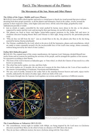 Part3: The Movement of the Planets
The Movements of the Sun, Moon and Other Planets
The Orbits of the Upper, Middle and Lower Planets:
SB 5.23.2-3: Just as bulls yoked together and tied to a central post to thresh rice tread around that pivot without
deviating from their proper positions, so all the planets and luminaries, fixed in the zodiac, revolve around the
polestar in their respective orbits, some higher and some lower, till the end of the kalpa, propelled by wind
(dakñiëävarta praväha or wind).
 Just as clouds or eagles, controlled by the wind, pushed by karma, move about in the sky, so the planets,
supported by matter and the Lord, and moving by their past karmas, do not fall to the ground.
 The planets are fixed at lower and higher (antar-bahir-yogena) positions in the zodiac belt and move in
clockwise direction keeping Mount Meru and Polestar to their right, being turned by the parvartaka-pravaha
wind.
 “Why do they not fall from the sky?” Just as clouds float in the sky, the planets also float in the sky being
assisted by karma (Karma-särathayaù).
 The Polestar, established by the Lord, which is the pivot of all the luminaries, planets and constellations, which
are made to rotate constantly around it by the inconceivable force of the Lord’s time energy, shines constantly,
without being moved by the wheel of time (zodiac).
Zodiac Belt (kälacakra-gata):
SB 5.22.3-5: The original cause of the cosmic manifestation, the Supreme Lord, Näräyaëa, divided Himself into
twelve forms and six seasons for purifying the activities of the people, and he arranged the qualities of the seasons
for enjoyment according to their karma.
 This form of the Lord is known as kälacakra-gata or Time-wheel, in which the Chariot of Sun travels in a orbit
known as samvatsara.
 This wheel has twelve spokes, six rims, and three hubs.
 The twelve spokes are 12 months, the six rims are 6 seasons & the three hubs are the 3 sets of four months or
the seasons corresponding to Uttaräyana, Visuväyana and Daksinäyana.
 The sun, soul of worlds, situated in the zodiac belt in the antarikña between heaven and earth, enjoys twelve
months, indicated by the names of zodiac signs, which are limbs of the year.
 This means through time the Supreme Lord regulates our actions and the experience of different seasons.
The Constellations or Nakñaträs (SB 5.21-22):
 The constellations, twenty-eight in number with Abhijit, are being inspired by the Lord move in Clockwise
direction around Mout Meru on the wheel of time at a distance of 0.3MY above the moon.
 They do not have a different motion, but move clockwise along with the Time wheel.
 