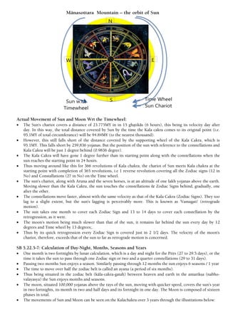 Actual Movement of Sun and Moon Wrt the Timewheel:
 The Sun's chariot covers a distance of 23.775MY in in 15 ghatikās (6 hours), this being its velocity day after
day. In this way, the total distance covered by Sun by the time the Kala cakra comes to its original point (i.e.
95.1MY of total circumferance) will be 94.84MY (to the nearest thousand).
 However, this still falls short of the distance covered by the supporting wheel of the Kala Cakra, which is
95.1MY. This falls short by 259,836 yojanas. But the position of the sun with reference to the constellations and
Kala Cakra will be just 1 degree behind (0.9836 degree).
 The Kala Cakra will have gone 1 degree further than its starting point along with the constellations when the
sun reaches the starting point in 24 hours.
 Thus moving around like this for 366 revolutions of Kala chakra, the chariot of Sun meets Kala chakra at the
starting point with completion of 365 revolutions, i.e 1 reverse revolution covering all the Zodiac signs (12 in
No) and Constallations (27 in No) on the Time wheel.
 The sun's chariot, along with Aruna and the seven horses, is at an altitude of one lakh yojanas above the earth.
Moving slower than the Kala Cakra, the sun touches the constellations & Zodiac Signs behind, gradually, one
after the other.
 The constellations move faster, almost with the same velocity as that of the Kala Cakra (Zodiac Signs). They too
lag to a slight extent, but the sun's lagging is perceivably more. This is known as 'Vamagati' (retrograde
motion).
 The sun takes one month to cover each Zodiac Sign and 13 to 14 days to cover each constellation by the
retrogression, as it were.
 The moon's motion being much slower than that of the sun, it remains far behind the sun every day by 12
degrees and Time wheel by 13 degrees;.
 Thus by its quick retrogression every Zodiac Sign is covered just in 2 1/2 days. The velocity of the moon's
chariot, therefore, exceeds that of the sun to far as retrograde motion is concerned.
SB 5.22.5-7: Calculation of Day-Night, Months, Seasons and Years
 One month is two fortnights by lunar calculation, which is a day and night for the Pitås (27 to 29.5 days), or the
time it takes the sun to pass through one Zodiac sign or two and a quarter constellations (29 to 31 days).
 Passing two months Sun enjoys a season. Similarly passing through 12 months the sun enjoys 6 seasons / 1 year
 The time to move over half the zodiac belt is called an ayana (a period of six months).
 Thus being situated in the zodiac belt (käla-cakra-gataù) between heaven and earth in the antarikña (nabho-
valayasya) the Sun enjoys months and seasons.
 The moon, situated 100,000 yojanas above the rays of the sun, moving with quicker speed, covers the sun’s year
in two fortnights, its month in two and half days and its fortnight in one day. The Moon is composed of sixteen
phases in total.
 The movements of Sun and Moon can be seen on the Kalachakra over 3 years through the illustrations below:
 