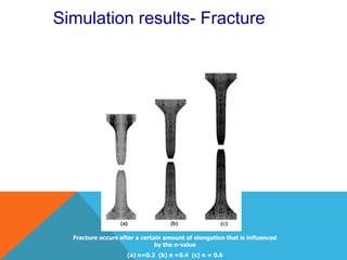 Simulation results- Fracture




  Fracture occurs after a certain amount of elongation that is influenced
                               by the n-value
                    (a) n=0.2 (b) n =0.4 (c) n = 0.6
 