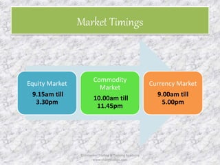 Market Timings 
Equity Market 
9.15am till 
3.30pm 
Commodity 
Market 
10.00am till 
11.45pm 
Currency Market 
9.00am till 
5.00pm 
©Universal Trading & Training Academy 
www.sharensetips.com 
 