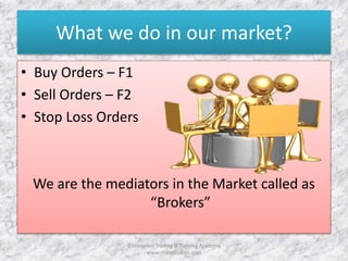 What we do in our market? 
• Buy Orders – F1 
• Sell Orders – F2 
• Stop Loss Orders 
We are the mediators in the Market called as 
“Brokers” 
©Universal Trading & Training Academy 
www.sharensetips.com 
 