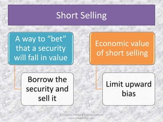 Short Selling 
A way to “bet” 
that a security 
will fall in value 
Borrow the 
security and 
sell it 
Economic value 
of short selling 
Limit upward 
bias 
©Universal Trading & Training Academy 
www.sharensetips.com 
 
