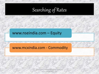 Searching of Rates 
www.nseindia.com – Equity 
www.mcxindia.com - Commodity 
©Universal Trading & Training Academy 
www.sharensetips.com 
 